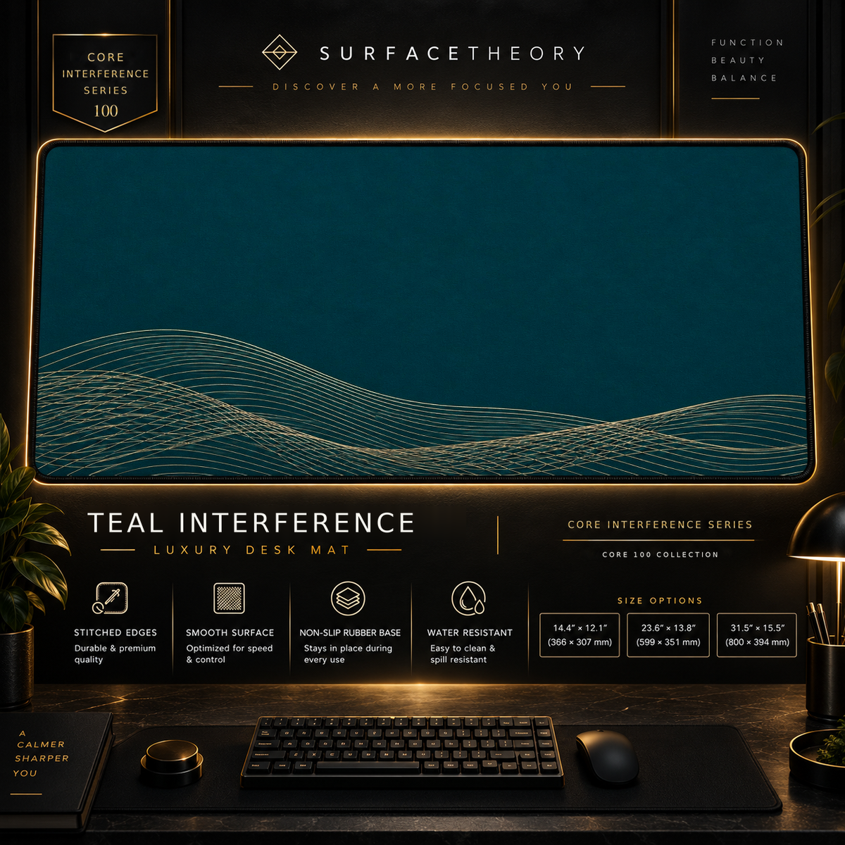 Teal Interference desk mat in a gold-toned showcase frame above a keyboard.