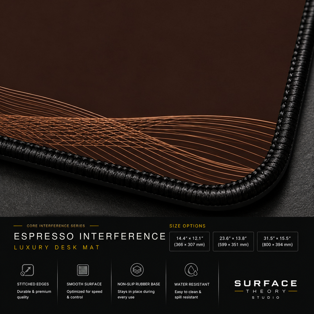 Close-up of Espresso Interference printed artwork and black stitched corner.