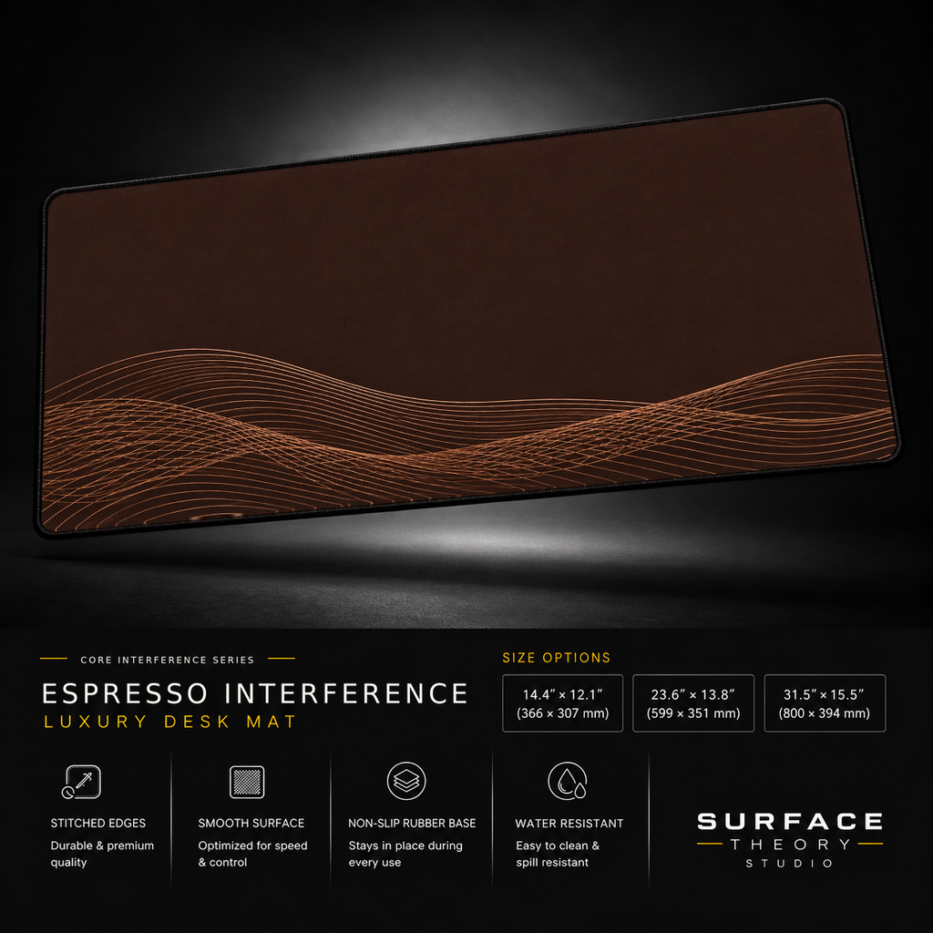 Espresso Interference desk mat floating against a dark studio background.