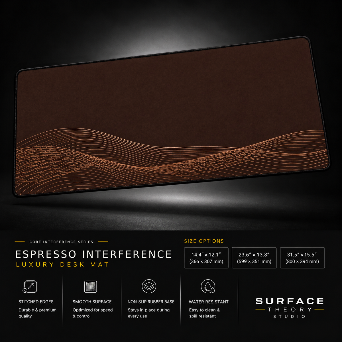 Espresso Interference desk mat floating against a dark studio background.