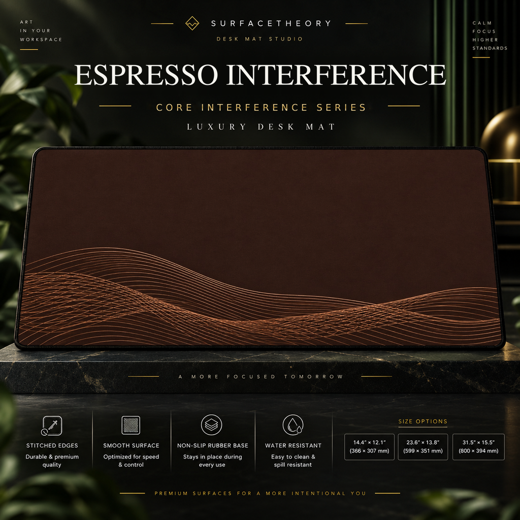 Espresso Interference desk mat on a studio display with size and product information.