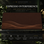 Espresso Interference desk mat on a studio display with size and product information.