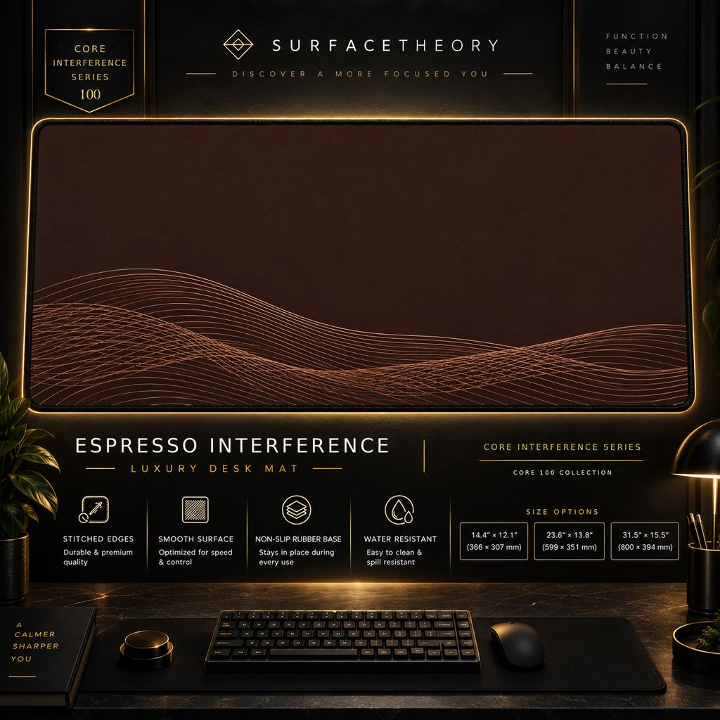 Espresso Interference desk mat in a gold-toned showcase frame above a keyboard.