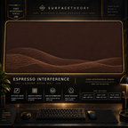 Espresso Interference desk mat in a gold-toned showcase frame above a keyboard.