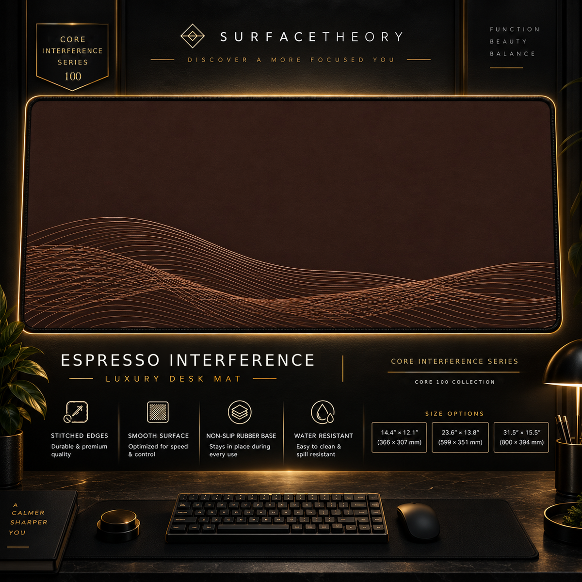 Espresso Interference desk mat in a gold-toned showcase frame above a keyboard.