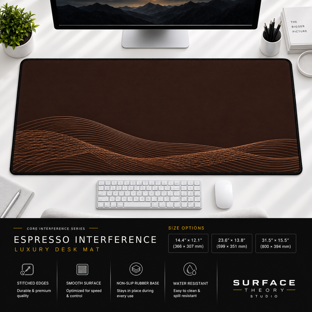 Espresso Interference desk mat beneath a monitor on a bright desk with a white keyboard and mouse.