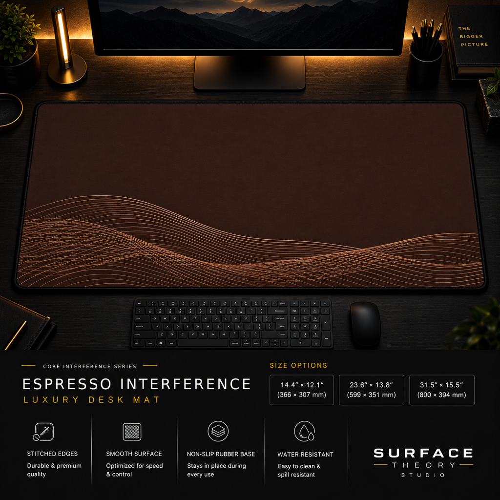 Espresso Interference desk mat in a dark workstation with warm monitor lighting.