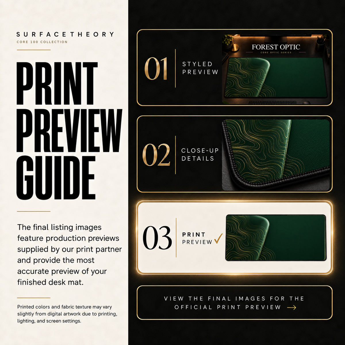 Forest Optic print preview guide showing the styled artwork, close-up and print reference.