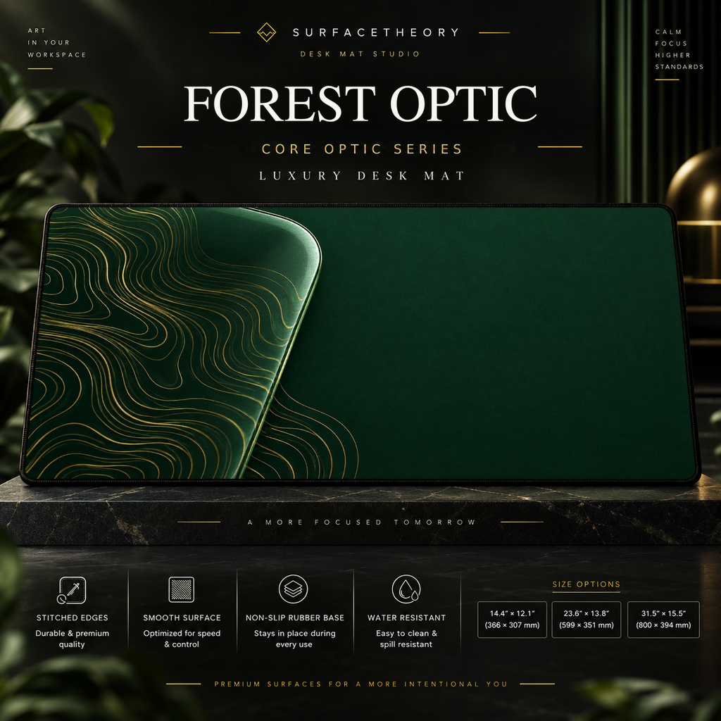 Forest Optic desk mat on a studio display with size and product information.