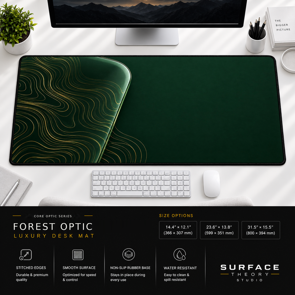 Forest Optic desk mat beneath a monitor on a bright desk with a white keyboard and mouse.
