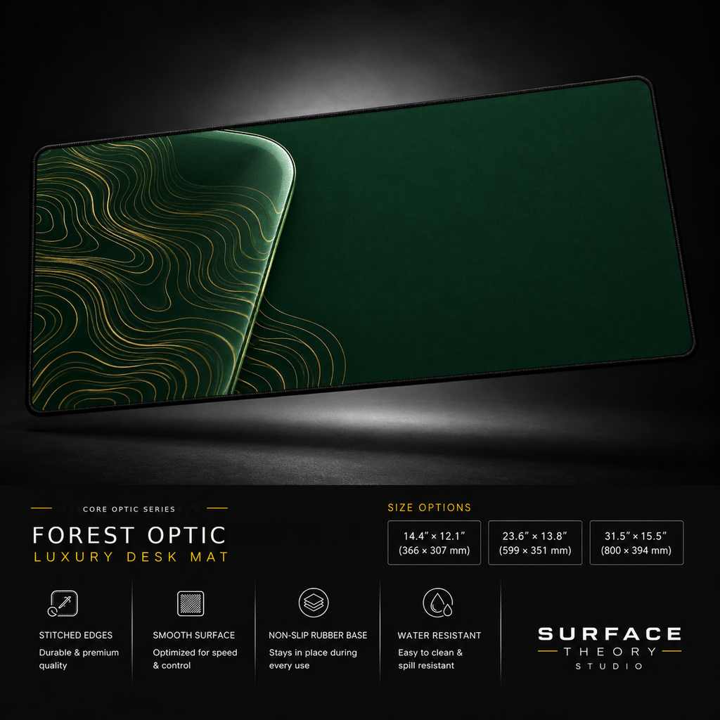 Forest Optic desk mat floating against a dark studio background.