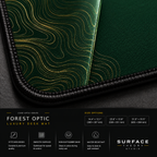 Close-up of Forest Optic printed artwork and black stitched corner.