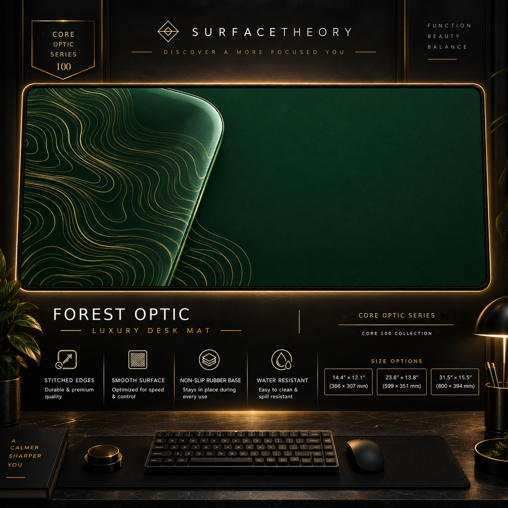 Forest Optic desk mat in a gold-toned showcase frame above a keyboard.