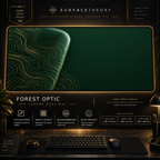 Forest Optic desk mat in a gold-toned showcase frame above a keyboard.