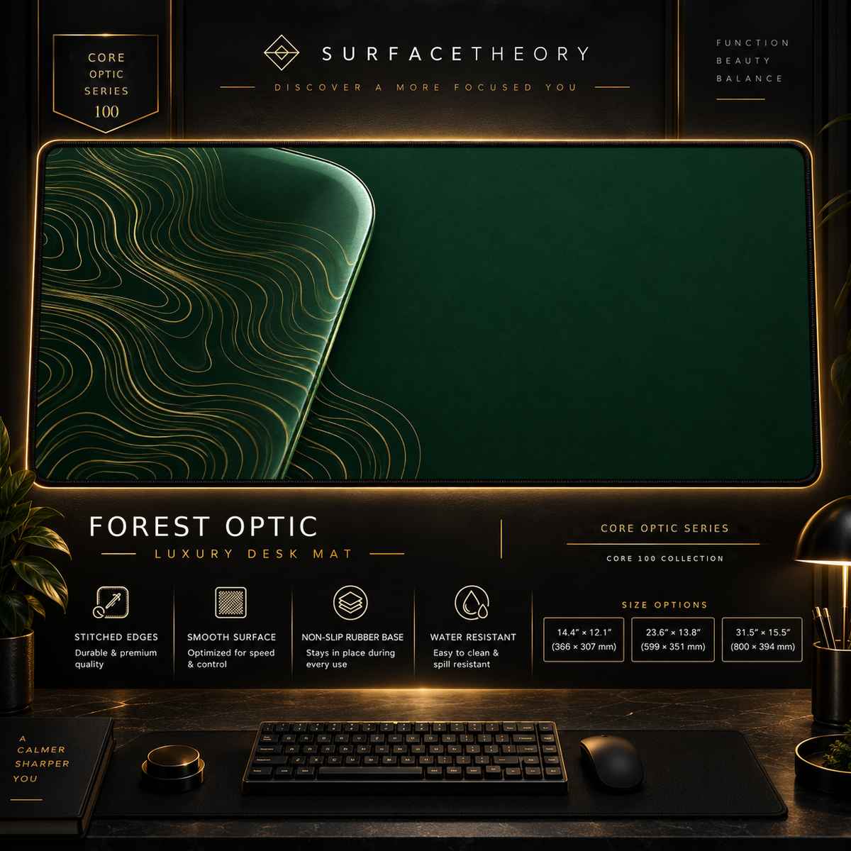 Forest Optic desk mat in a gold-toned showcase frame above a keyboard.