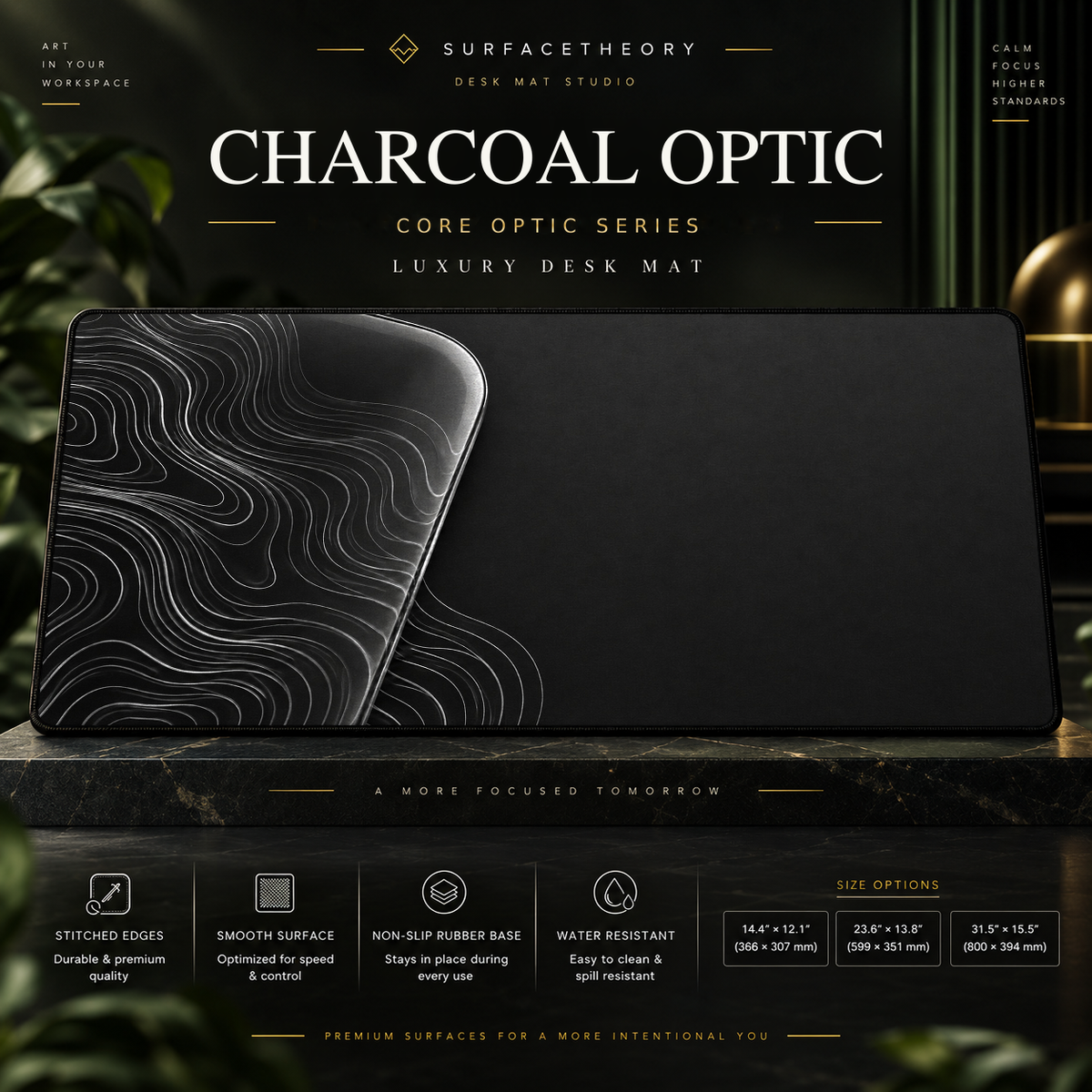 Charcoal Optic desk mat on a studio display with size and product information.