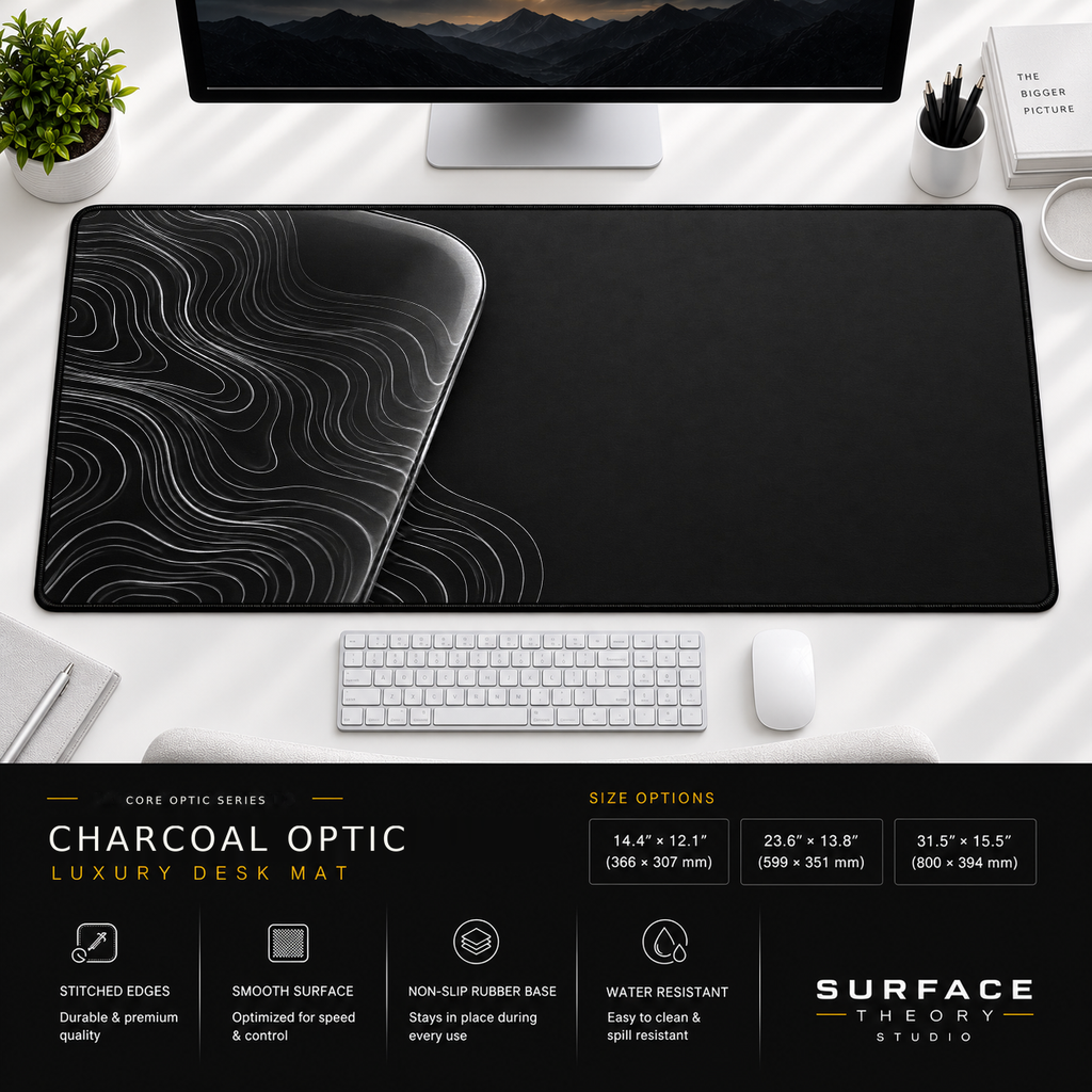 Charcoal Optic desk mat beneath a monitor on a bright desk with a white keyboard and mouse.