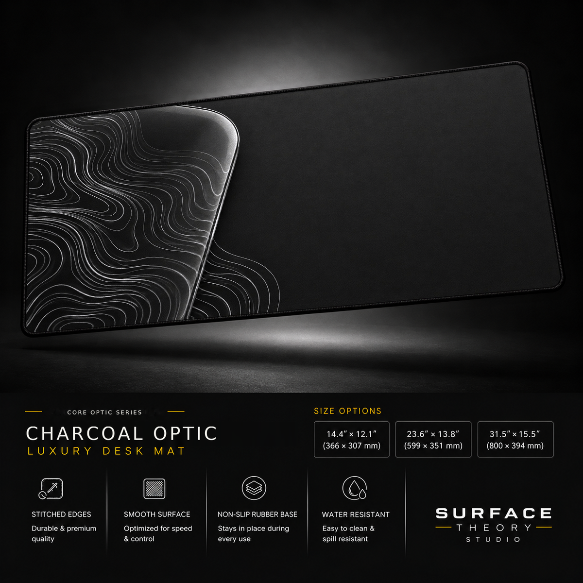 Charcoal Optic desk mat floating against a dark studio background.