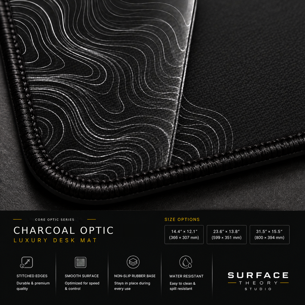 Close-up of Charcoal Optic printed artwork and black stitched corner.