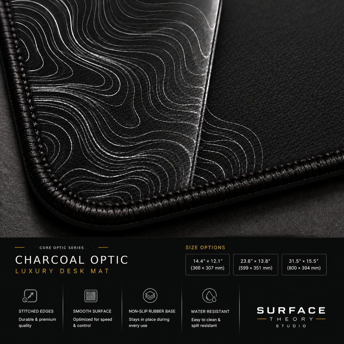 Close-up of Charcoal Optic printed artwork and black stitched corner.