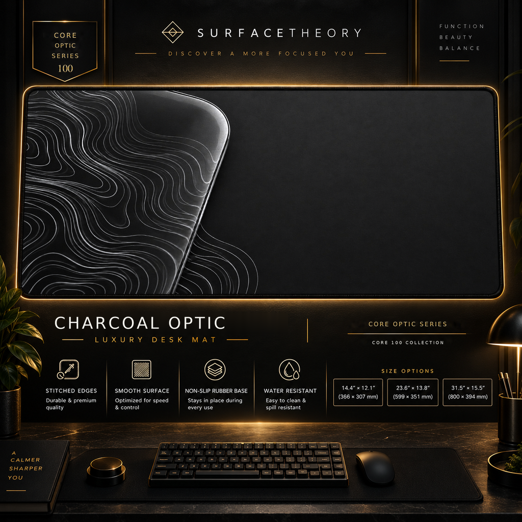 Charcoal Optic desk mat in a gold-toned showcase frame above a keyboard.