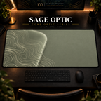 Sage Optic desk mat, muted sage green with pale cream-green contours in a rounded form on the left, in a warm, dark workspace.