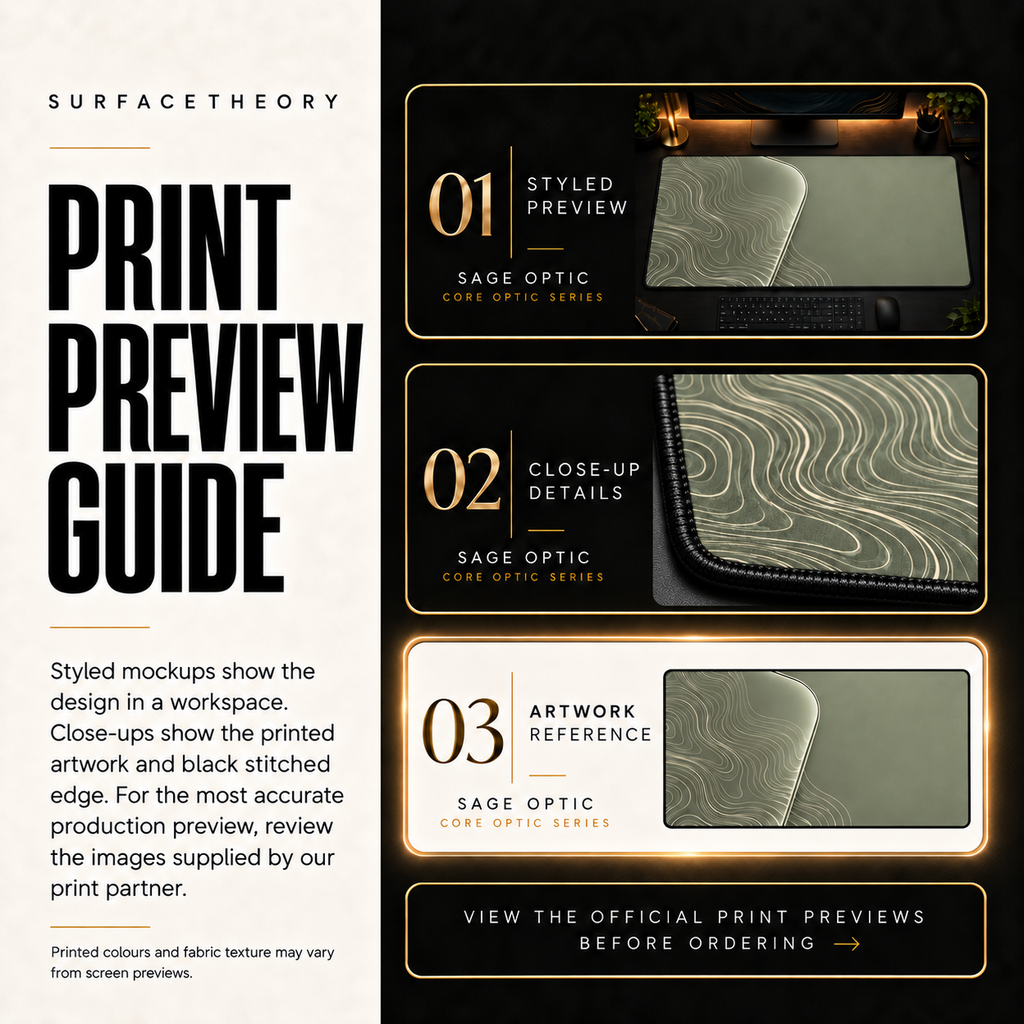 Sage Optic print preview guide showing the styled artwork, close-up and print reference.