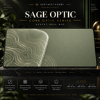 Sage Optic desk mat on a studio display with size and product information.