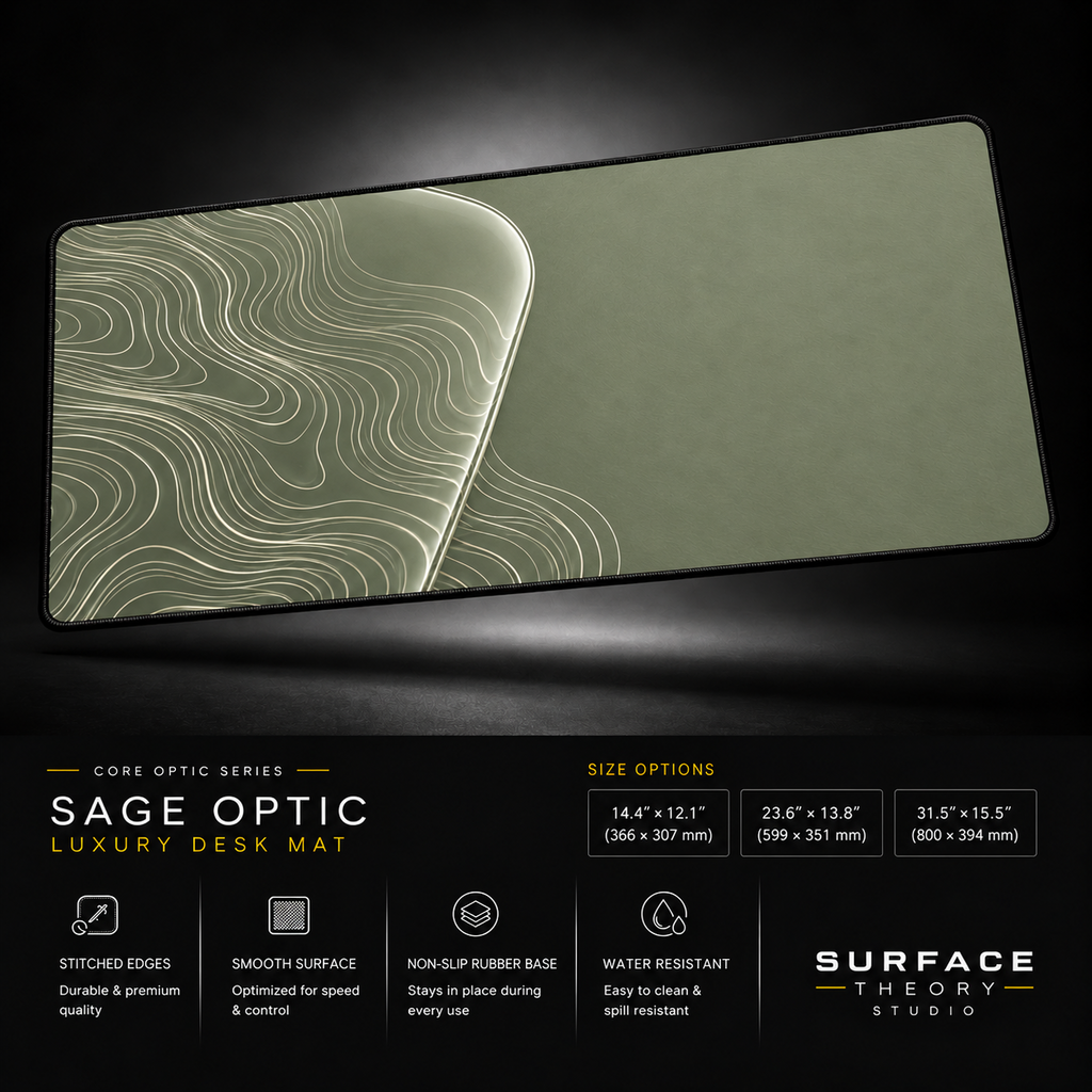 Sage Optic desk mat floating against a dark studio background.