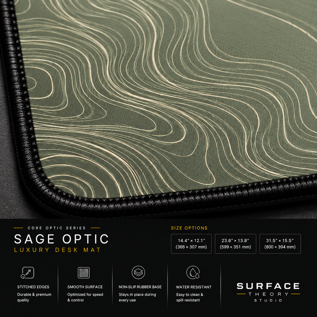 Close-up of Sage Optic printed artwork and black stitched corner.