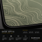 Close-up of Sage Optic printed artwork and black stitched corner.