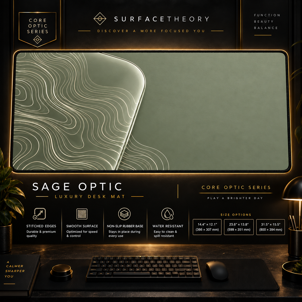 Sage Optic desk mat in a gold-toned showcase frame above a keyboard.
