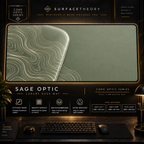 Sage Optic desk mat in a gold-toned showcase frame above a keyboard.