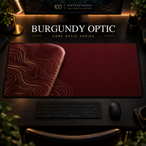 Burgundy Optic desk mat, burgundy with gold-toned contours in a rounded form on the left, in a warm, dark workspace.