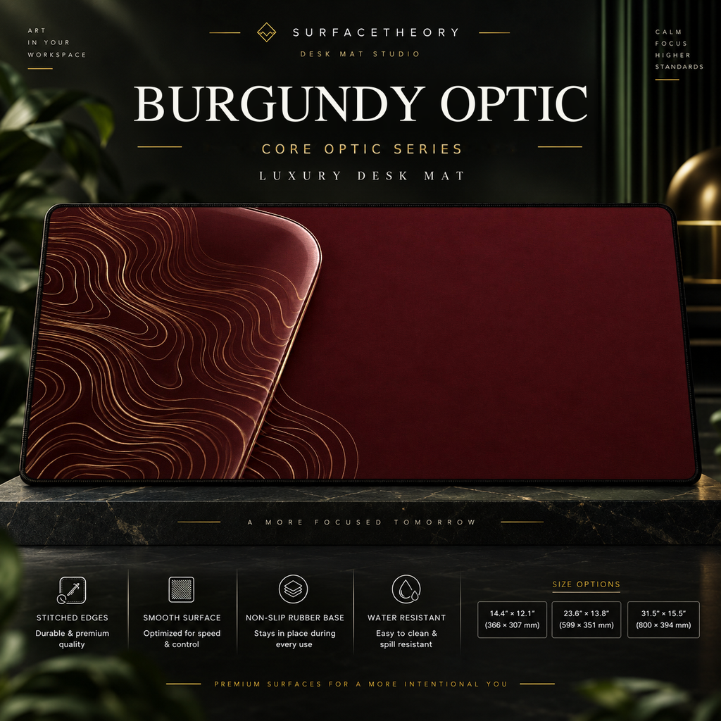 Burgundy Optic desk mat on a studio display with size and product information.