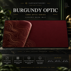 Burgundy Optic desk mat on a studio display with size and product information.