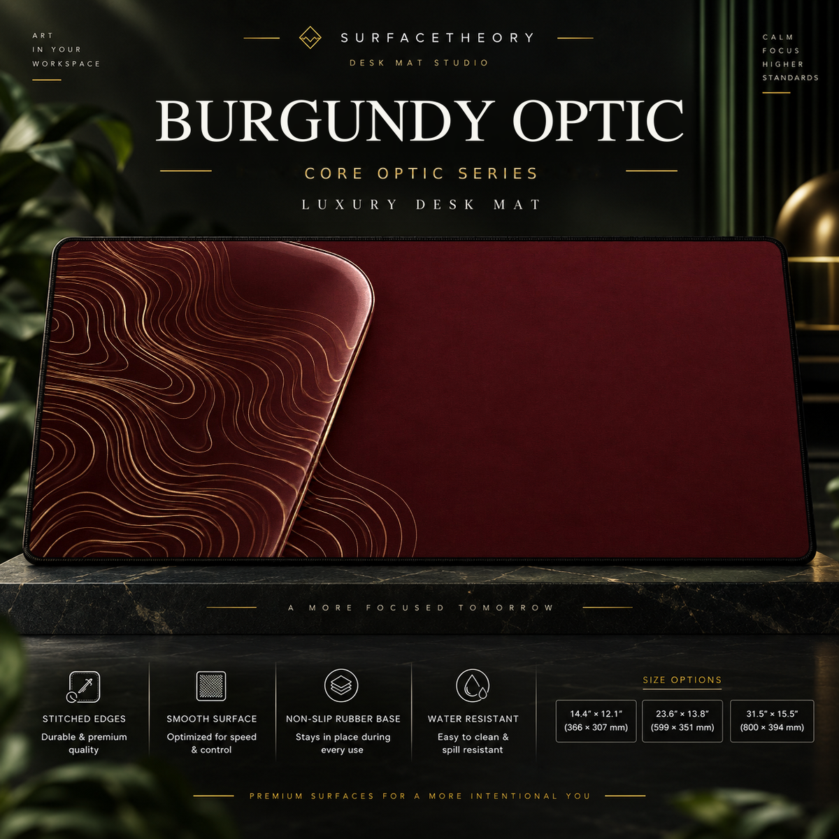 Burgundy Optic desk mat on a studio display with size and product information.