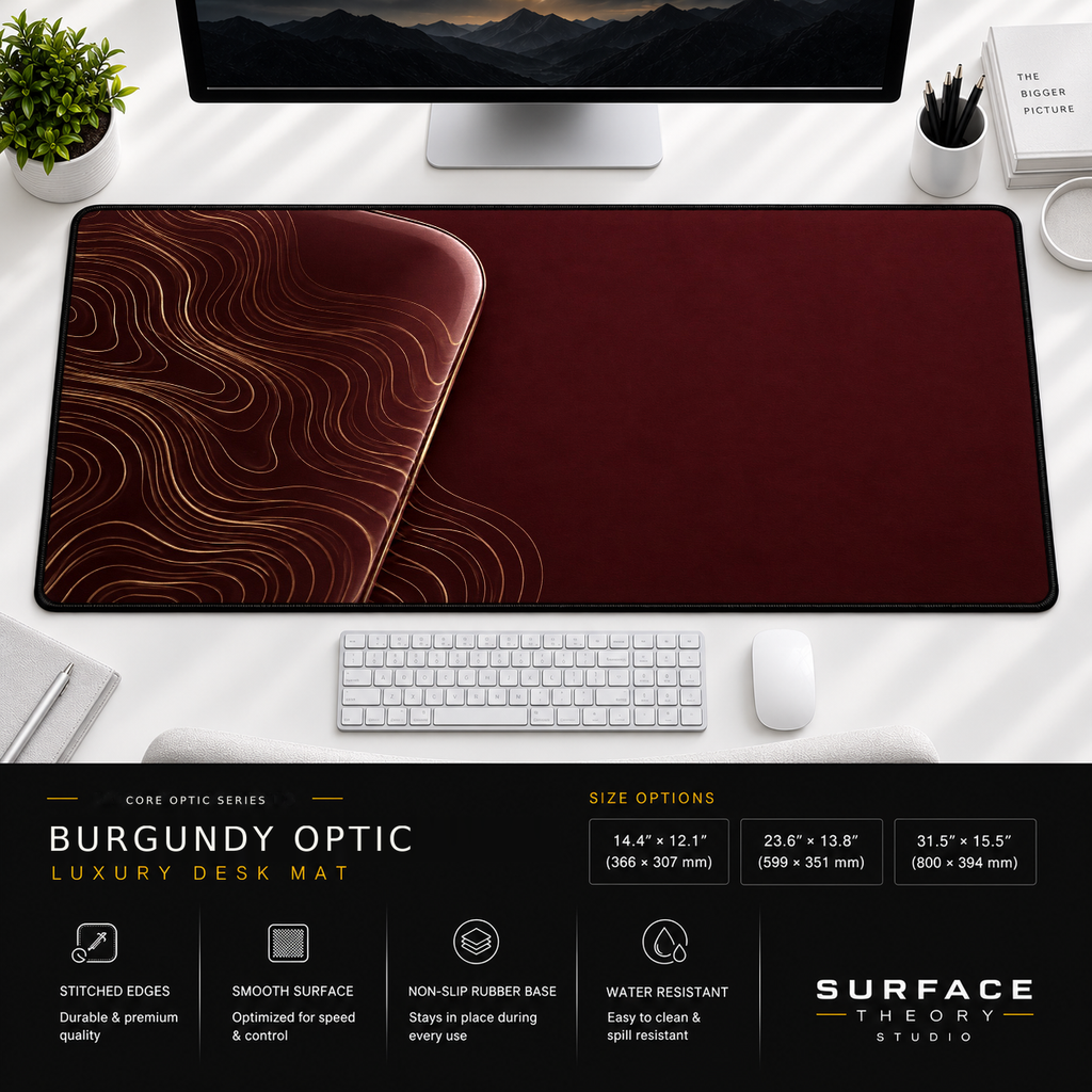 Burgundy Optic desk mat beneath a monitor on a bright desk with a white keyboard and mouse.
