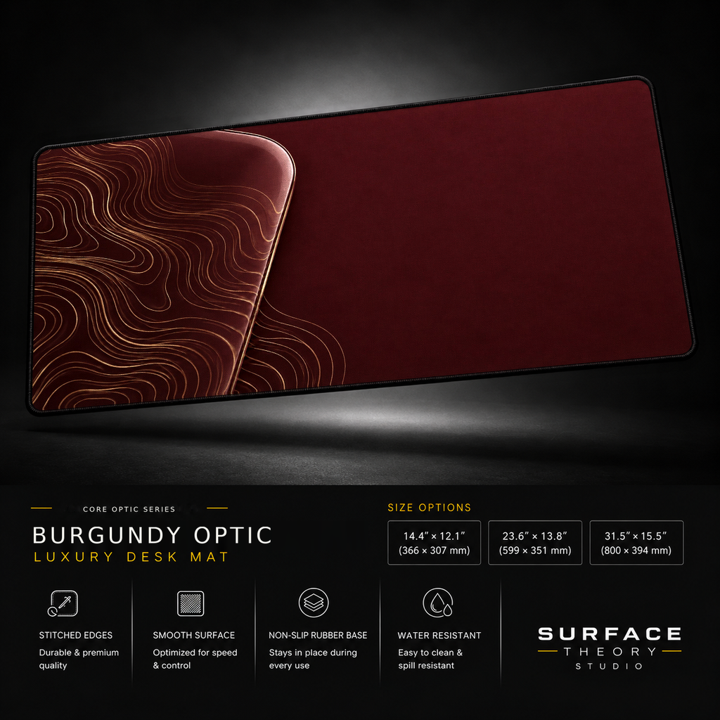Burgundy Optic desk mat floating against a dark studio background.
