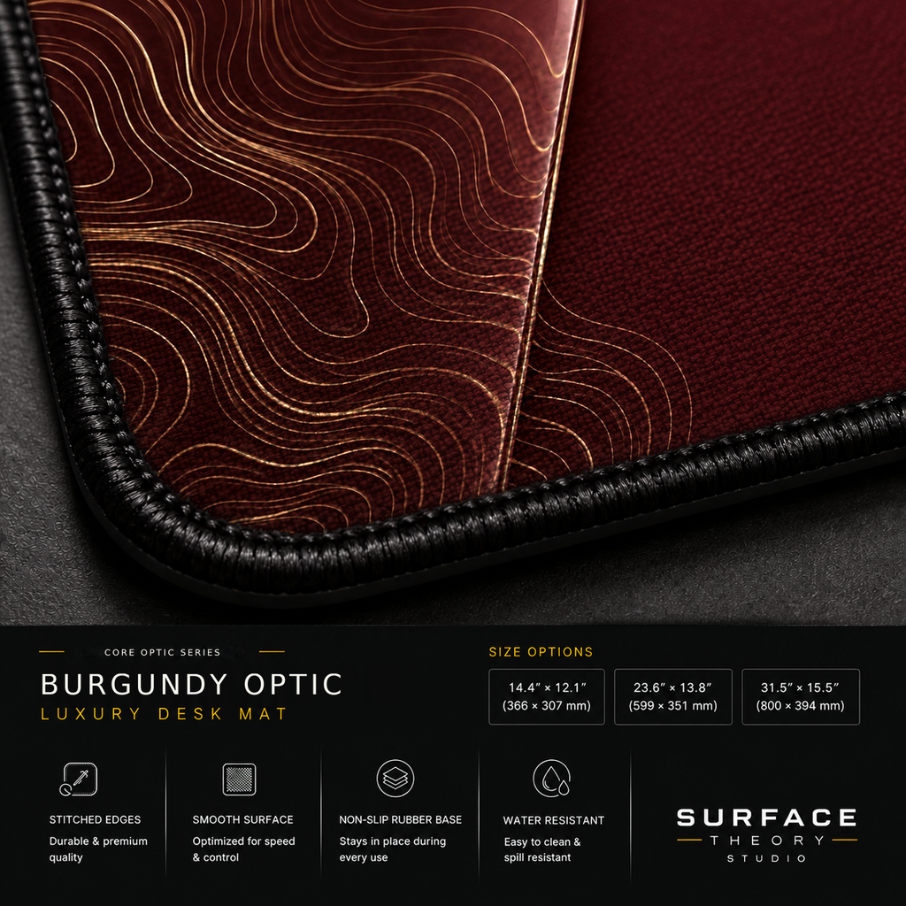Close-up of Burgundy Optic printed artwork and black stitched corner.