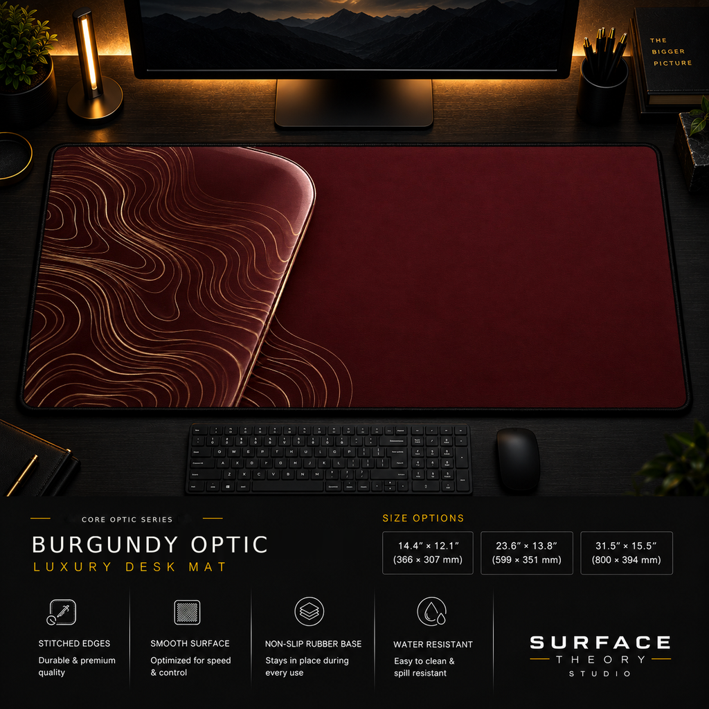 Burgundy Optic desk mat in a dark workstation with warm monitor lighting.