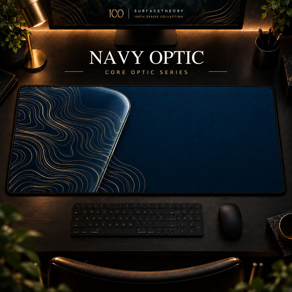 Navy Optic desk mat, navy blue with gold-toned contours in a rounded form on the left, in a warm, dark workspace.