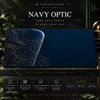 Navy Optic desk mat on a studio display with size and product information.