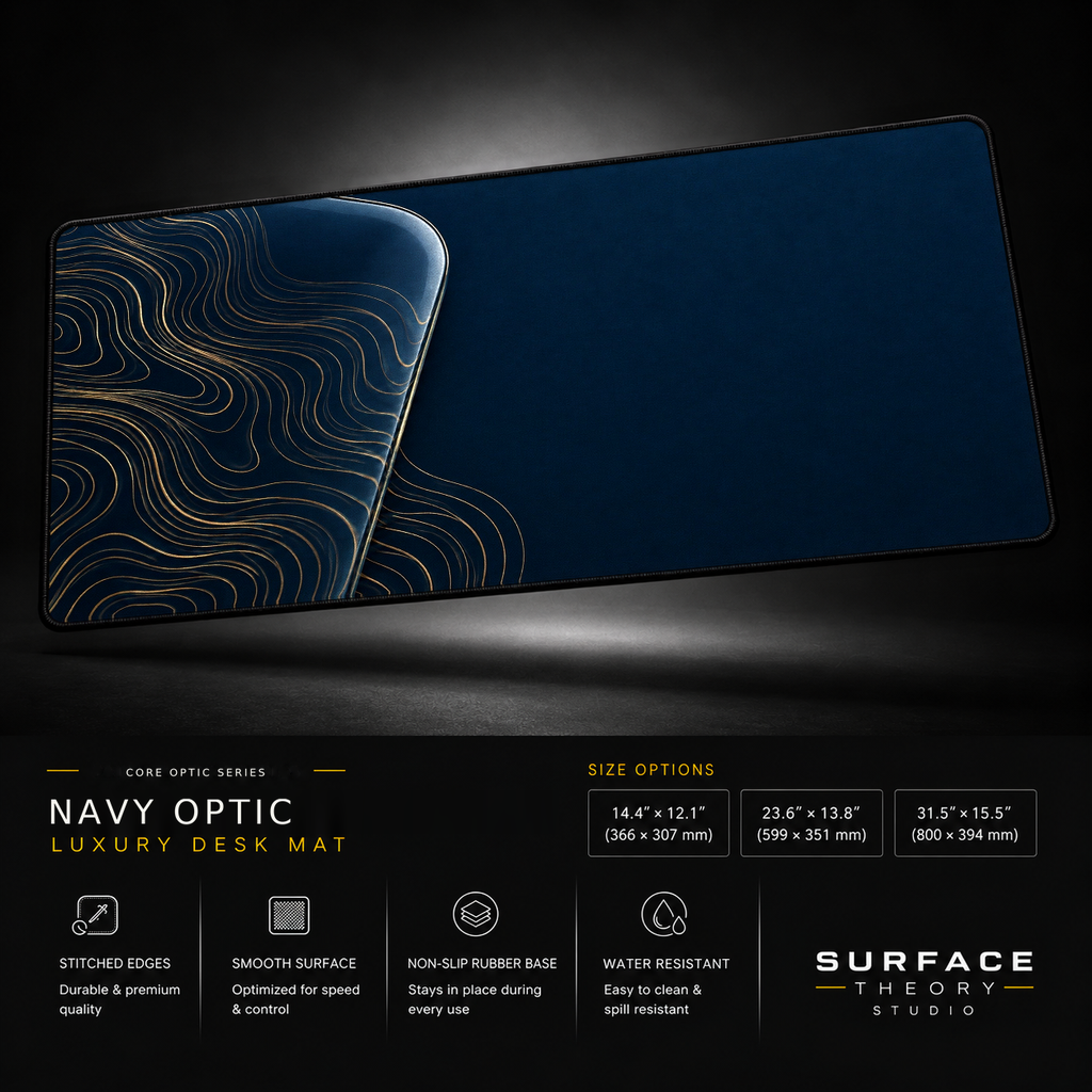 Navy Optic desk mat floating against a dark studio background.