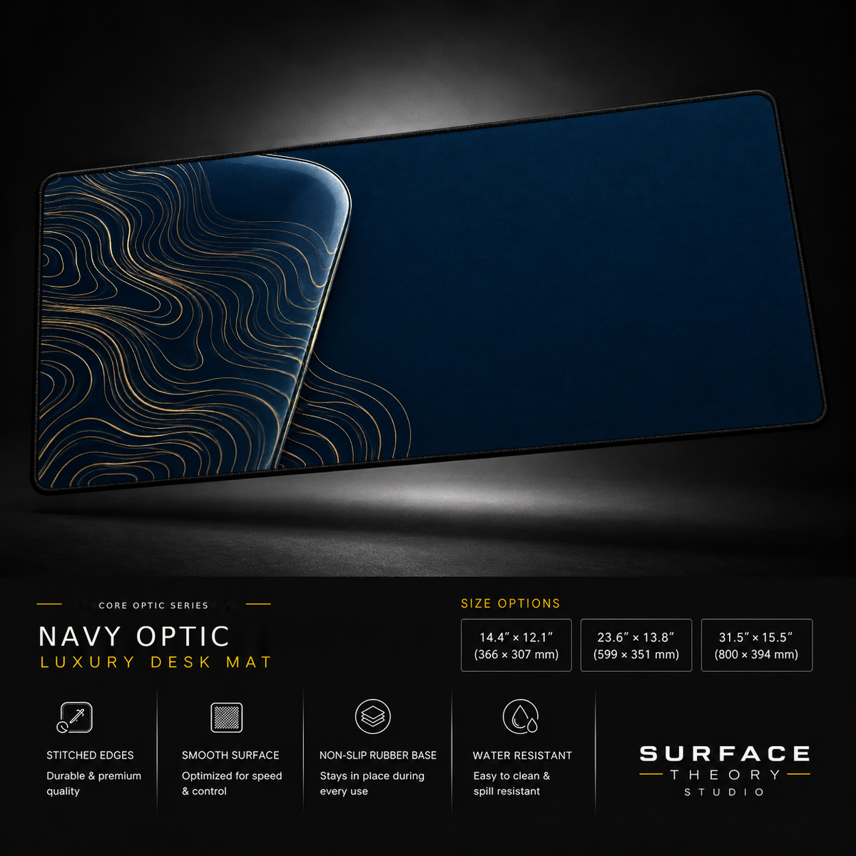 Navy Optic desk mat floating against a dark studio background.