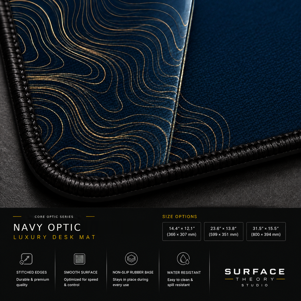 Close-up of Navy Optic printed artwork and black stitched corner.
