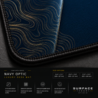 Close-up of Navy Optic printed artwork and black stitched corner.