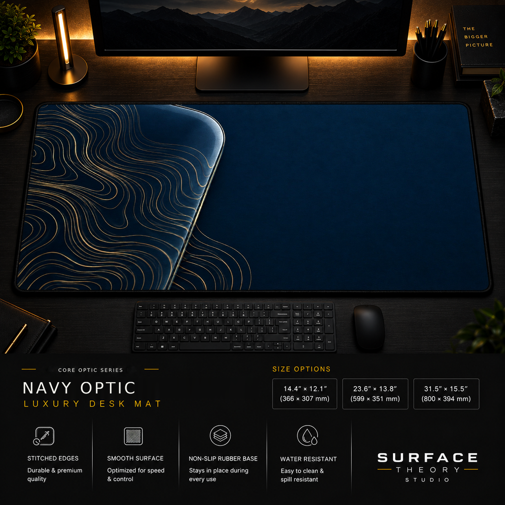 Navy Optic desk mat in a dark workstation with warm monitor lighting.