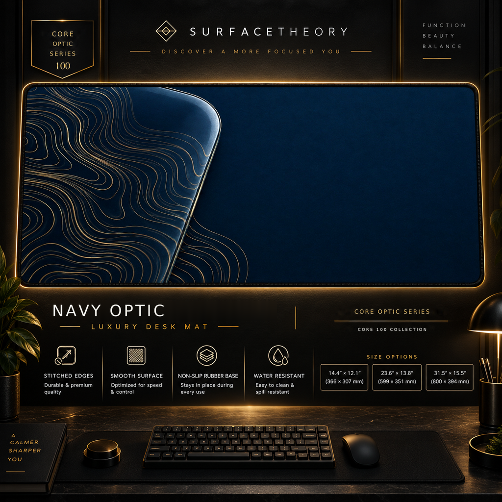Navy Optic desk mat in a gold-toned showcase frame above a keyboard.