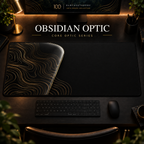 Obsidian Optic desk mat, near-black with bronze-gold contours in a rounded form on the left, in a warm, dark workspace.